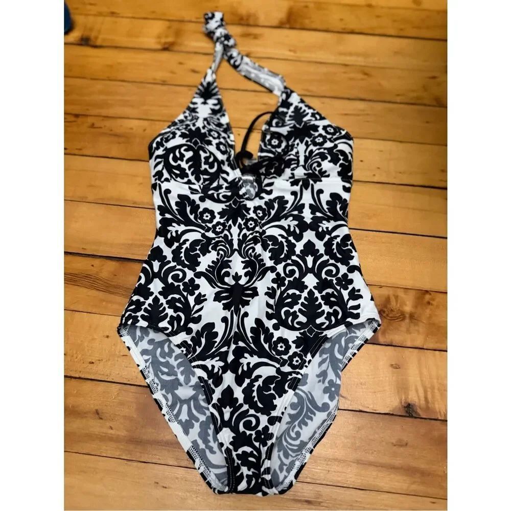 Tommy Bahama Black & White Floral Halter One-Piece Swimsuit